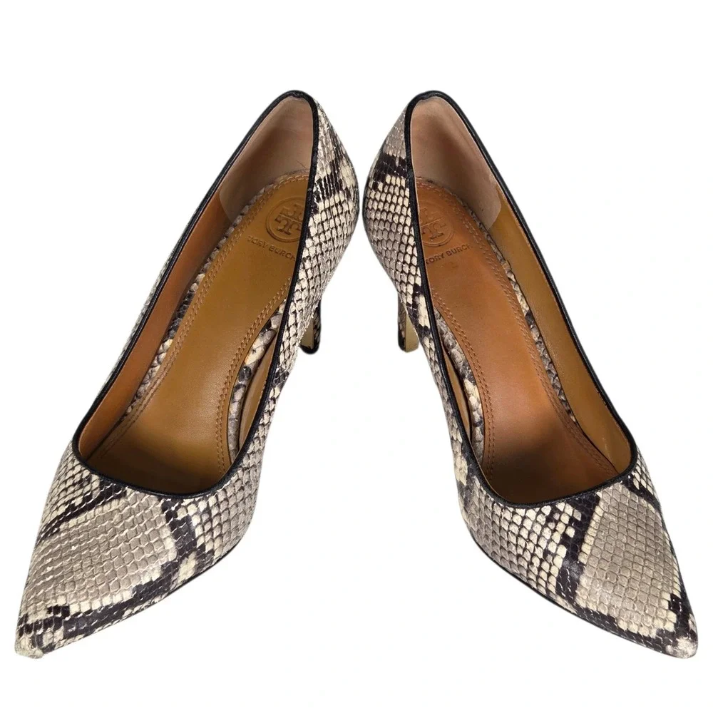 TORY BURCH Real Snakeskin‎ Leather Heels Black White SZ 9M Exotic Dress